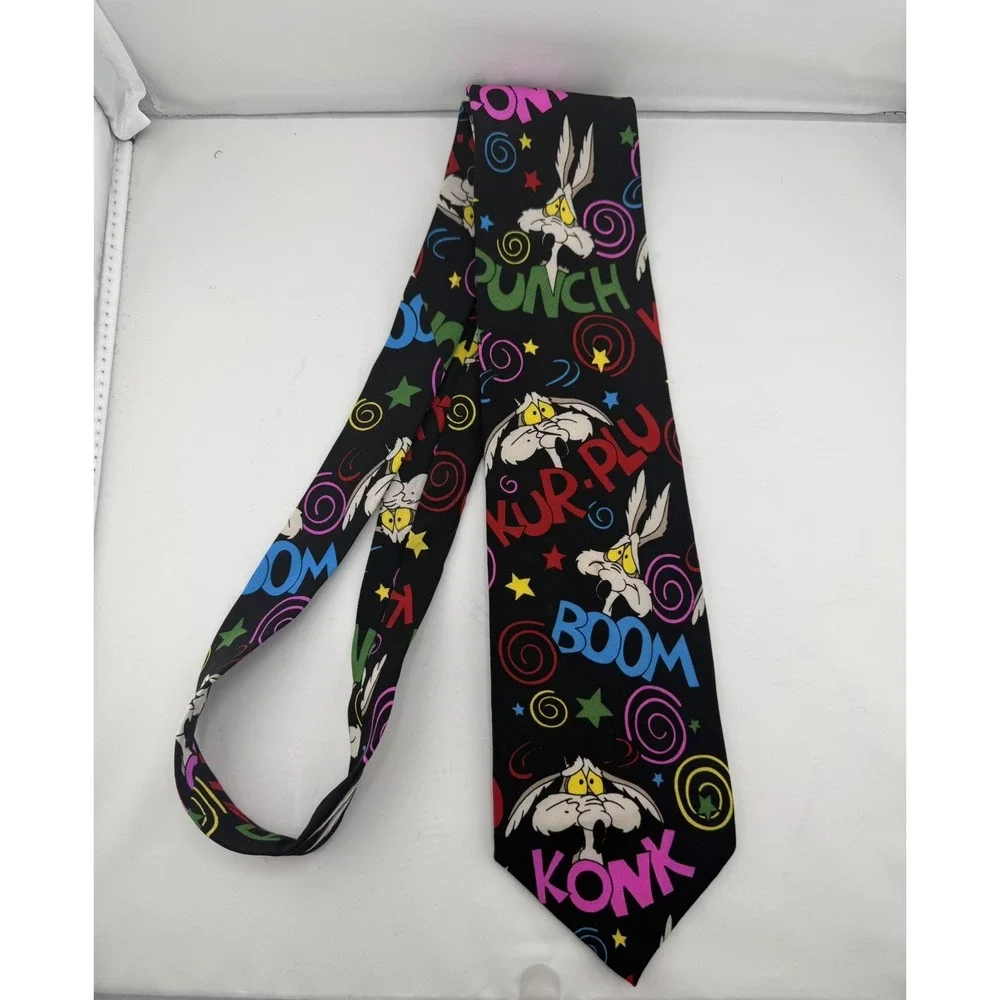 Vtg 1992 WB Balancine Looney Tunes Colorful Wile E Coyote Silk Tie Sound Effects